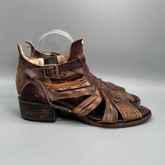 Freebird By Steven Shoes - Freebird Steven Arrow Womens 9 Brown Leather Distressed Strappy Sandals Buckle